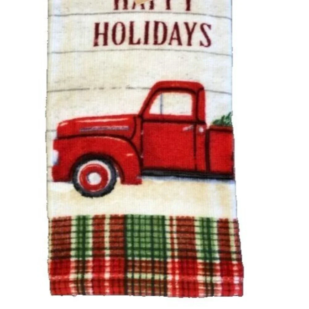 Christmas Red Farm Truck Kitchen Dish Towels Happy Holidays 100% Cotton Set Of 2